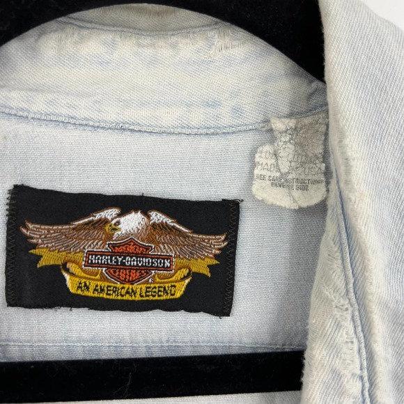 Vintage Harley Davidson Distressed Light Denim Button Up Shacket Men's Large - Picture 9 of 10